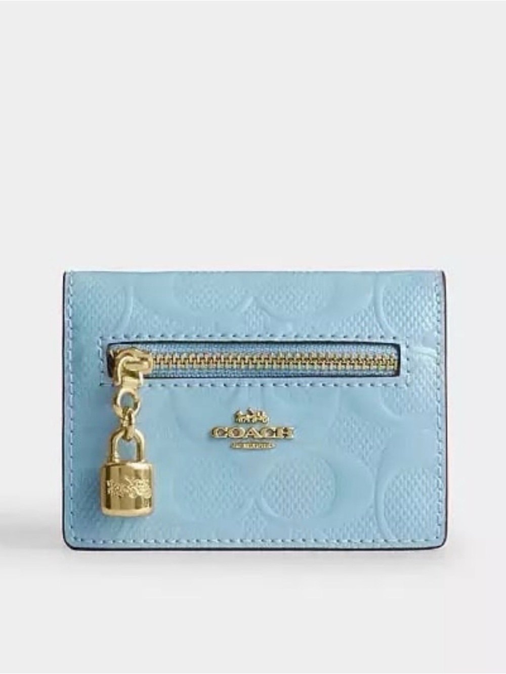 Coach Snap Card Case w/ Charms Pearlized Signature Leather Gold/Light Blue NWT